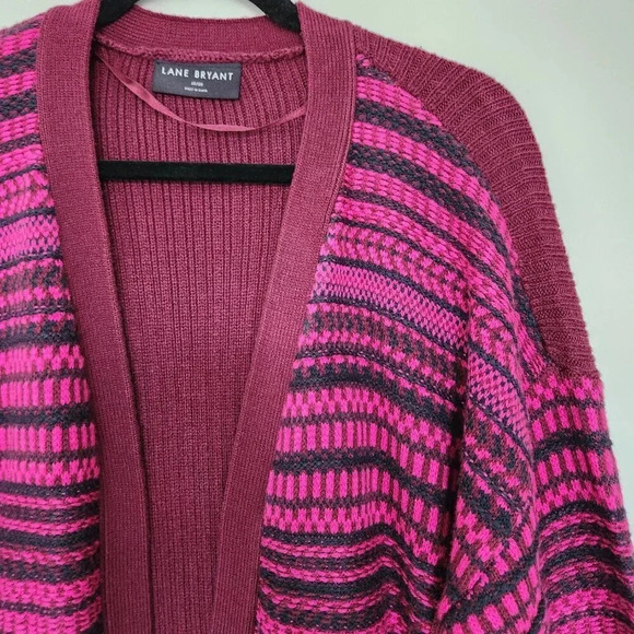 Lane Bryant 18/20 Cardigan Sweater Chunky Knit Fair Isle Maroon Pink Ribbed - Picture 2 of 8